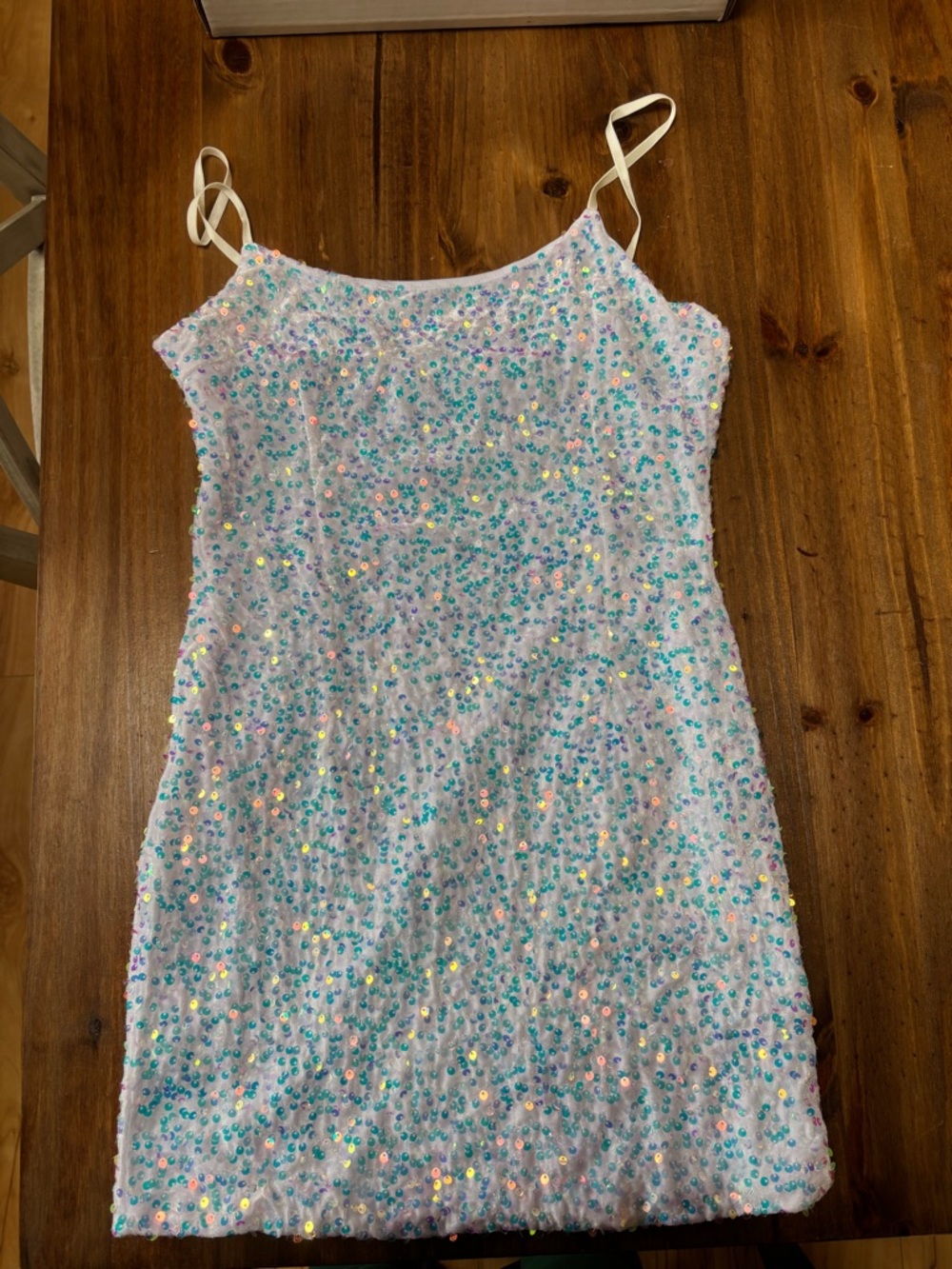 Sequin Spaghetti Strap Mini Dress - Iridescent White